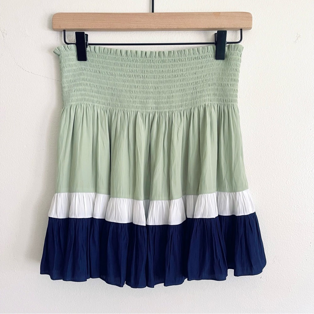 Ramy Brook Smocked Elastic Stripe Color Block Mini Skirt Green White Blue Size M